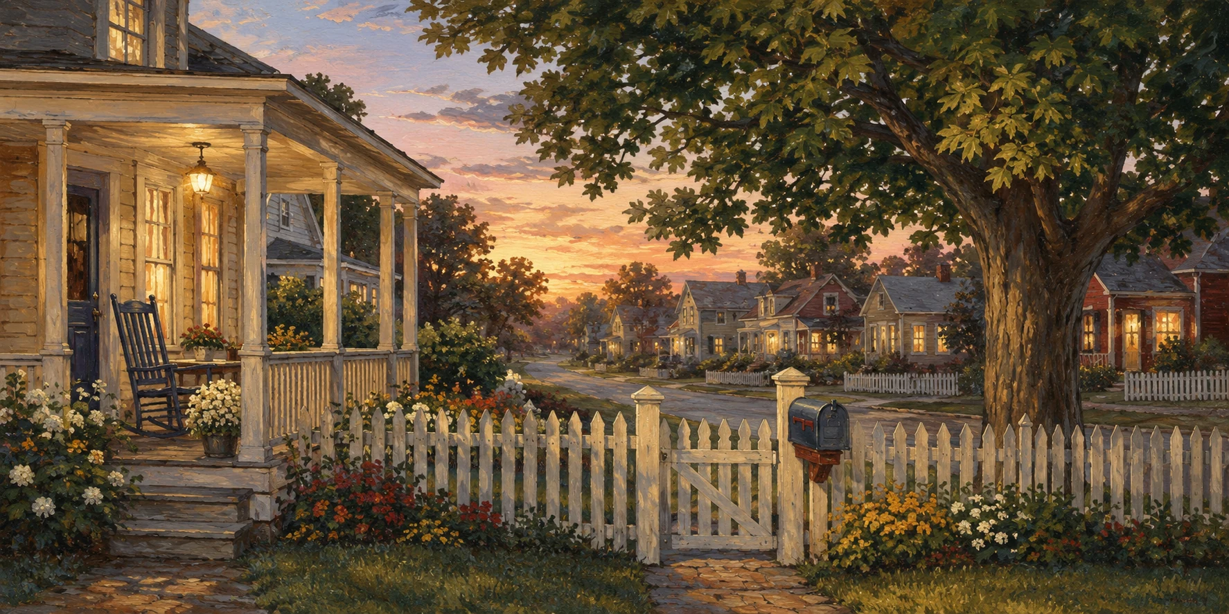 One street corner: a porch, a fence, a maple, a mailbox