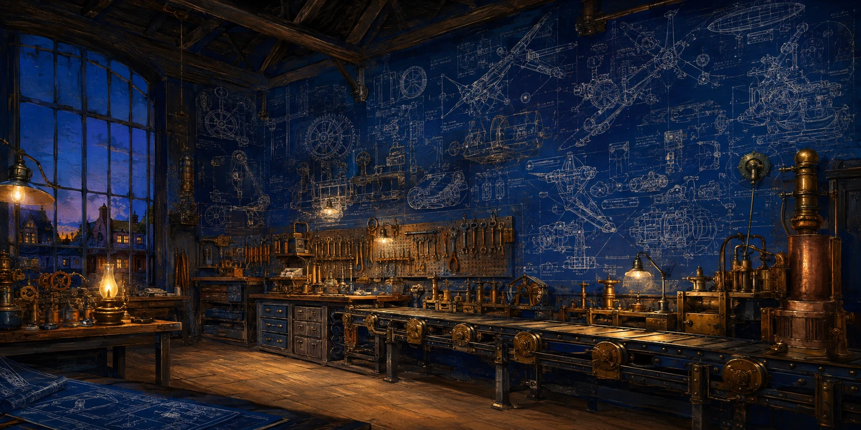 The workshop: blueprint walls, pegboard, and warm brass